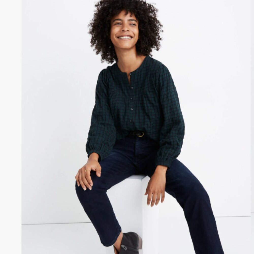 MADEWELL WOMEN'S GREEN PLAID BALLOON SLEEVE PEASANT COTTON SHIRT Sz XS